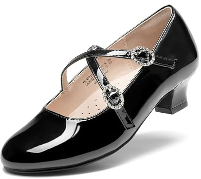 DREAM PAIRS Girls Dress Shoes Mary Jane High Heel Round Toe Straps Pumps Flower Wedding Party Princess Flats for Little/Big Kids,Size 13 Little Kid,Black,KKUMFA2510