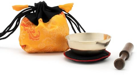 MINI-Klangschale in gelbem Beutel inkl. Unterlage und Holzklöppel I Zarter Klang für feines Hören I Die nette Geschenkidee und kleines Mitbringsel für Klangschalen-Fans