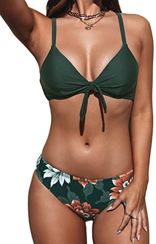CUPSHE Damen Bikini Set Knoten Low Waist Bikini Bademode Cross Back Blumenmuster Zweiteiliger Badeanzug Swimsuit Dunkelgrünes Blumenmuster L