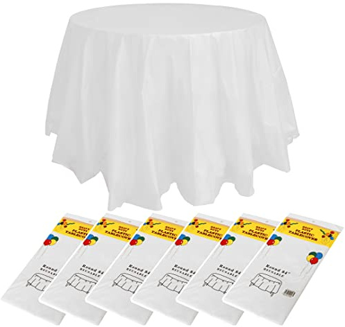 6 Pack Round Disposable Table Cloth 84 inch Plastic Disposable PEVA Water Resistant Table Cloths Circle Table Cover for Wedding Banquet Restaurant BBQ Party Fine Dining Wedding Outdoor(White)
