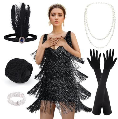 PLULON 1920er-Jahre-Kleider für Damen, Gatsby-Flapper-Cocktailkleider mit Paillettenfransen, 1920er-Jahre-Accessoire-Set, Roaring-20s-Kostüme