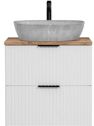 Lomadox Waschtisch 60cm mit Aufsatzbecken, weiß mit Eiche Nb., Front gerillt, Keramikwaschbecken Beton Optik hell