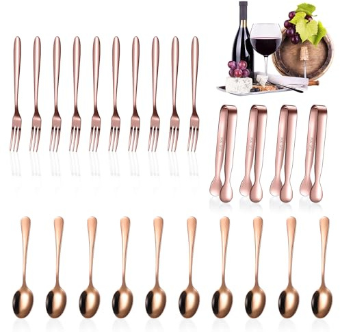 24 Pcs Mini Appetizers Forks and Spoons Tongs, Vivid Sharp Spoon, Rose Gold