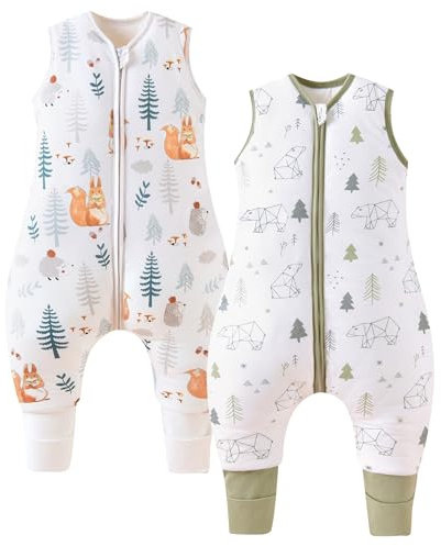 Chilsuessy 2er Pack Baby Schlafsack mit Beinen 1.5 Tog Schlafsack 100% Baumwolle Ganzjahres Schlafsack mit Füßen Babyschlafsack Kinder, 1.5 Tog Eichhörnchen + Waldbär, 80cm/Baby Höhe 85-95cm