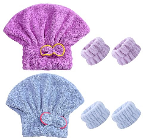 JTMKYO 2 gorros de pelo seco azul y morado y 4 muñequeras azules y moradas, gorras de pelo seco de absorción rápida, cómodas muñequeras adecuadas para la ducha., 1pc Blue 1pc Purple
