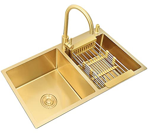 OQHAIR Cucina Lavello Dorato Addensato Lavello a Doppia Vasca Lavello da Cucina in Acciaio Inossidabile Lavandino da Bagno Quadrato Grande Installazione sul palco e Fuori dal palco Lavell