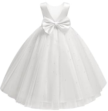 Dypaha White Pearls Puffy Tulle Flower Girl Dress Little Girls Kids Wedding Crew Neck Satin Bowknot Ball Gowns Elegant Pageant Prom Birthday Party Tutu Dress 4T
