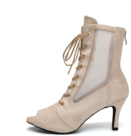 HIPPOSEUS Zapatos de Baile Latino Mujer Beige Botines Bachata y Salsa Botas de Danza Tacon Alto 7cm, 37 EU