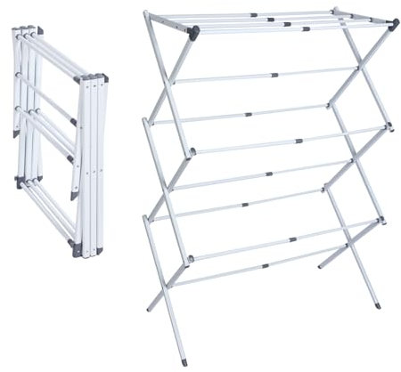 WONZHEC Stendibiancheria salvaspazio durevole e stabile Stendibiancheria pieghevole a 6 livelli con 11 aste, Stendibiancheria pieghevole ed estensibile (bianco)