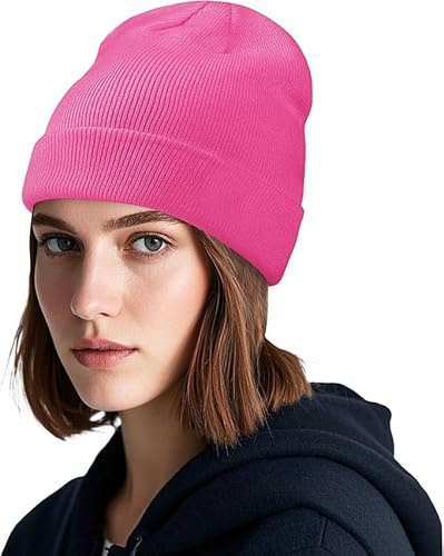 Voarge 1 styck beanie mössa stretchig manschett, unisex vinterhålla vindskydd stickade mössor mjuk elastisk fleece för män och kvinnor, ROSA, one size