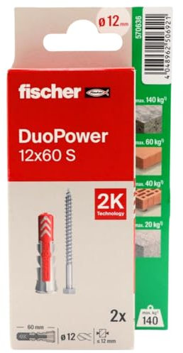 fischer - Duopower 12x60 Con Tornillo - 2U, Tacos para pared multimaterial, sirven para Colgar Bicicletas, Cuadros, Armarios, Soportes de Televisión, Estanterías, Muebles.