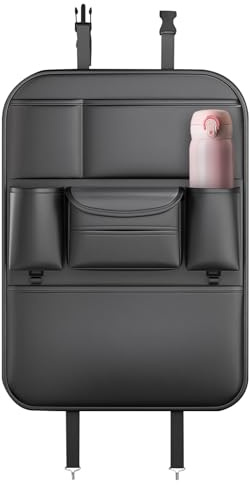 Organiseur de siège arrière, sac de rangement pour siège arrière, organiseur de siège de voiture, protecteur de siège en cuir avec poches de rangement, porte-gobelet, tapis de pied, indispensable pour