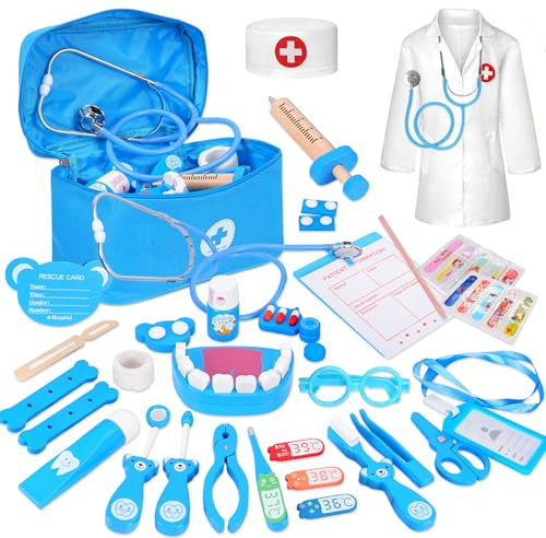 Valigetta Dottore Bambini,kit Dottoressa Bambina,Kit Dottore Bambino con Vero stetoscopio,Camice da Medico e Borsa da Medico Portatile,Gioco di Ruolo Gioco Educativo Regalo Bambinis di 3-8 Anni - Blu