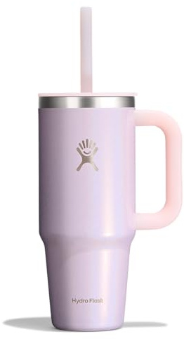 Hydro Flask Travel Tumbler with Handle, Lid and Straw - Insulated Stainless Steel in 24 Oz Glimmer Pink
