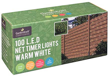 GardenKraft 15650 Net Style Garden Lights / 100 Warm White LED’s / 8 Light Modes & Timer Functionality/Indoor Or Outdoor Fairy Lights/Battery Operated