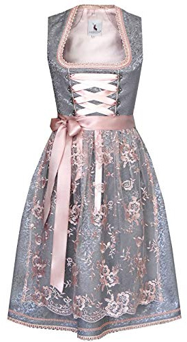 Alpenmärchen ALM566 - Dirndl con gonna al ginocchio e grembiule in pizzo, taglia 32-54 grigio. 50