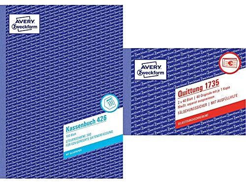 AVERY Zweckform 426 Kassenbuch (A4, nach Steuerschiene 300, von Rechtsexperten geprüft, 100 Blatt) weiß & 1735 Quittungsblock (A6 quer, 2x40 Blatt, mit Durchschlag, fälschungssicher) weiß/gelb