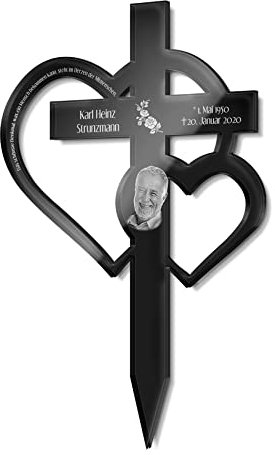 CHRISCK design Großes Grabkreuz mit Gravur aus Hochglanz Acrylglas - Grabstecker Kreuz als wetterfester Grabschmuck mit Gravur - Grabdeko für Urnengrab Grab (Mit Foto)