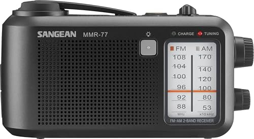 Sangean MMR-77. Radio Am/FM de Emergencia con Varias Opciones de alimentación. Alimentación por dínamo/batería/Adaptador de CA. Dial de sintonización retroiluminado. Indicador LED de Carga