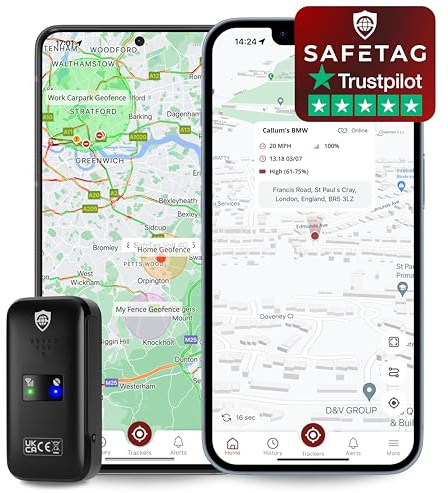 SafeTag Mini - Mini Rastreador GPS Recargable, Coche, Furgoneta, Moto, Caravana etc. 34-195 Países, Batería 3-9 Días, Seguimiento en Tiempo Real + Notificaciones, 7 Días de Prueba Gratis+SIM Incluida