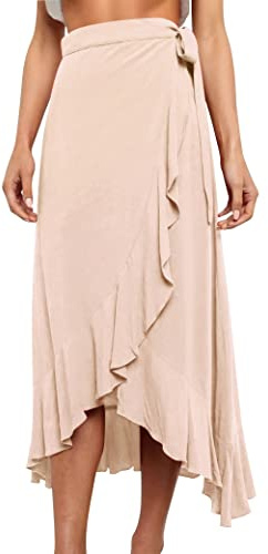 Ezcosplay Women Ruffle Wrap Skirt Tie Waist Boho High Low Asymmetrical Midi Beach Skirt Beige
