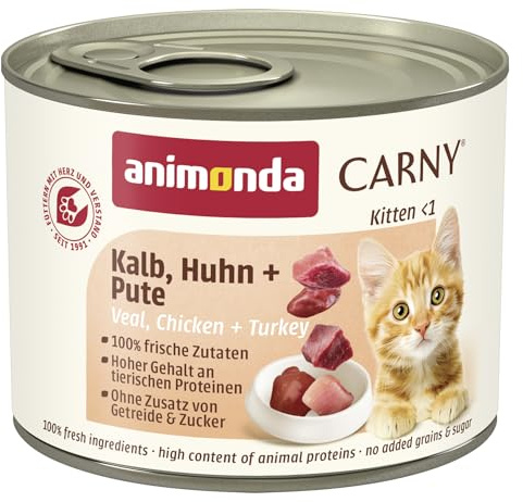 Carny Nourriture Humide pour Chat Chaton Veau + Poulet + Dinde (12 x 200 g) Nourriture Humide pour Chatons sans céréales ni Sucre d'animonda pour Chatons en Croissance jusqu'à 1 an, avec ingrédients