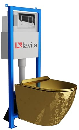 Lavita LAV 101 - Elemento da parete per WC 40 cm + parete sospesa per WC SOFI SLIM GOLDEN EYE senza bordi + pannello di controllo LAV 200.1.2 cromato | Set completo | Cassetta di risciacquo da incasso