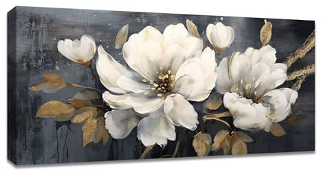 FajerminArt Stort canvastryck med ram, abstrakta, moderna bilder, canvasmålning, tavla för vardagsrum, sovrum, kök, restaurang, väggdekoration, vintagestil, vit pion, blommor, 120 x 50 cm