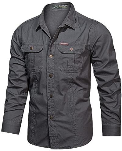 Camisas de trabajo de estilo militar para hombre, algodón de un solo botonadura de manga larga, cuello vuelto, color sólido, camisetas casuales para hombre, camisas para exteriores, camisas de manga