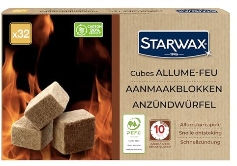 STARWAX - Cubos para encender Fuego - hasta 10 min de combustión - Encendido rápido - No altera el Sabor de los Alimentos - PEFC - x32 Cubos