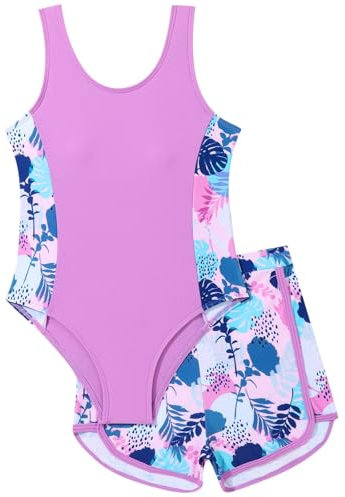 Xumplo Badeanzug Mädchen Kinder Schwimmanzug Teenager Badebekleidung Zweiteilig Einteiliges Badeanzug-Oberteil mit Shorts Sommer Bademode Rash Guard Set 9-10 Jahre