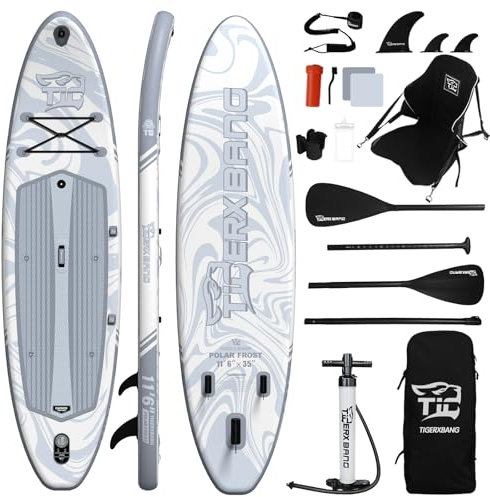 TIGERXBANG Aufblasbares Stand Up Paddle Board 353×89×15cm mit komplettem Zubehör, Premium große Paddle Boards für Erwachsene/Jugendliche, Paddle Board Polar Frost Collection