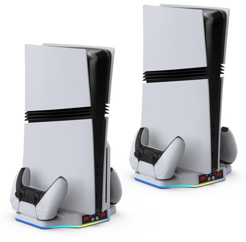 Soporte delgado para PS5 Pro/PS5 con estación de carga para controlador PS5, soporte vertical PS5 con ventilador de refrigeración de 3 niveles, estación de carga con 2 cargas simultáneas de tres