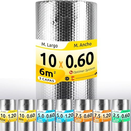 AISLANTE TERMICO REFLEXIVO MULTIUSOS | Reduce el Frio y el Calor | Rollo Aislante Termico para Ventana, Radiador, Pared, Suelo, Techo, Coche, Garaje,Camper (10x0.60m | 6m² sin cintas)