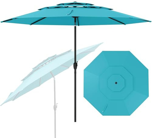 RELAX4LIFE Parasol Droit Inclinable 3M, Parasol de Jardin Extérieur 3M Rond, Toit Ventilé à 3 Couches, Inclinaison 30°, Manivelle, 8 Baleines, Protection Solaire pour Balcon Terrasse (Turquoise)