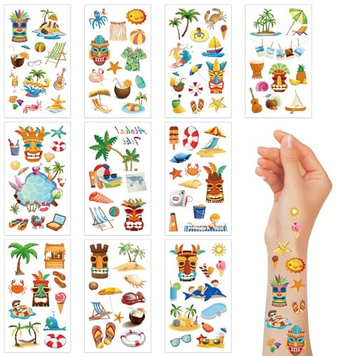108 pezzi di tatuaggi temporanei estivi, tropicali hawaiani luau a tema falso tatuaggio adesivo impermeabile spiaggia feste decorazioni offre vantaggi per bambini adolescenti adulti