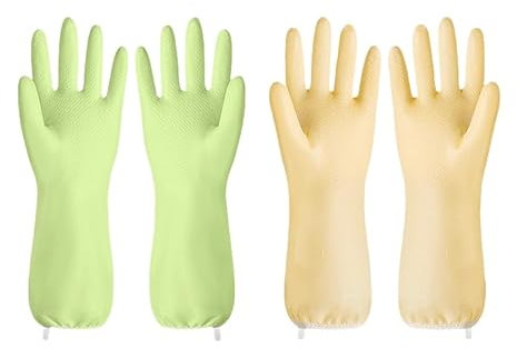 Vyloky Spülhandschuhe Extra Lang (2 Paar) - Wasserdicht & Rutschfest mit Griffnoppen, Hitzeschutz für Küche, Putzen, Gartenarbeit (GR-YL,M)