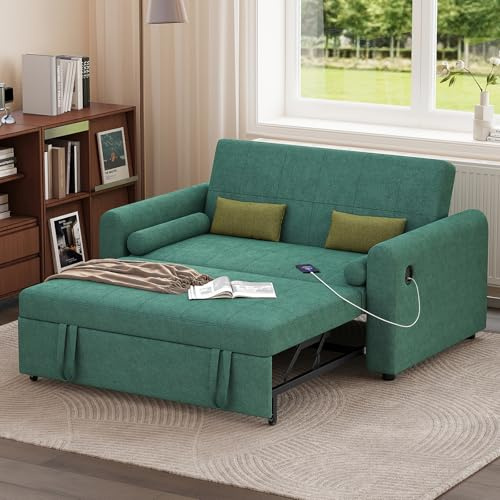 Luxstein 2 Seater Sofa Bed, 3-in-1 Convertible Sleeper Sofa Couch with Adjustable Backrest, USB Port and Side Pockets, Pull Out Sofa Beds for Living Room Guest Room Office, Green