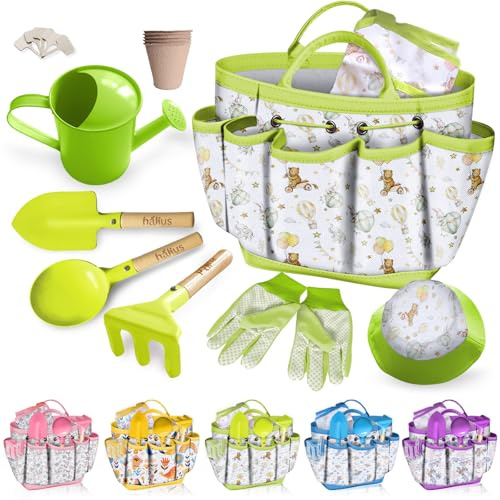 Kids Gardening Tool Set 18PCS Kids Toddler Gardening Set Includes Tote Bag Watering Can Apron Hat Rake Shovel Spoon Gloves Plant Pots and Labels, Outdoor Toys Gift for Boys Girls (Green)