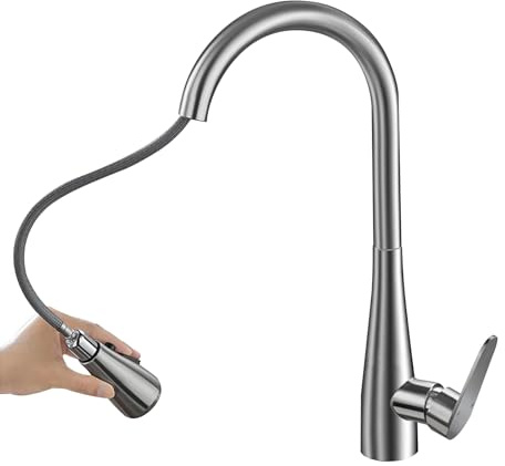 SWHC Rubinetto Lavello Cucina, Miscelatore Cucina Con Doccetta Estraibile, Acciaio Inox Ad Alta Pressione Orientabile a 360° Monocomando, 2 Modalità, Flessibile, Alta Pressione, Argento