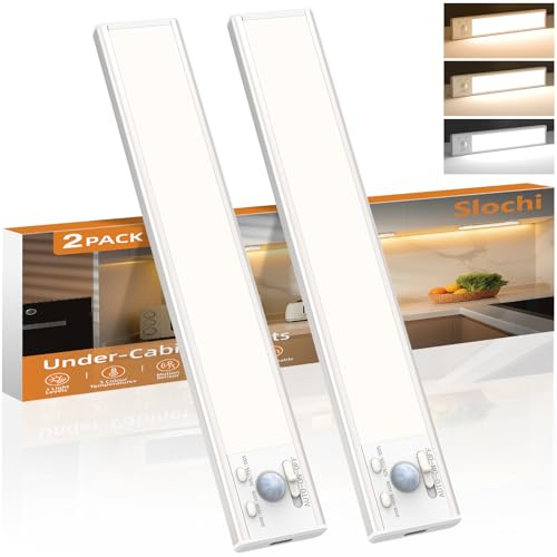 slochi Rechargeable Under Cabinet Kitchen Lights,3-Color&Dimmable,3 Modes,Motion Sensor, Magnetic&Stick Easy Installation LED Cupboard Lights for Counter Wardrobe Shelf Closet 2 Pack(20cm)