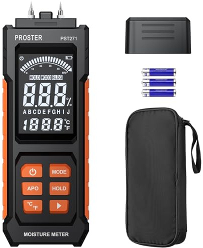 Proster Medidor de Humedad Detector de Humedad Tipo Pin con 2 Modos, Medición de Temperatura y Pantalla Retroiluminada Humidímetro para Madera y Materiales de Construcción