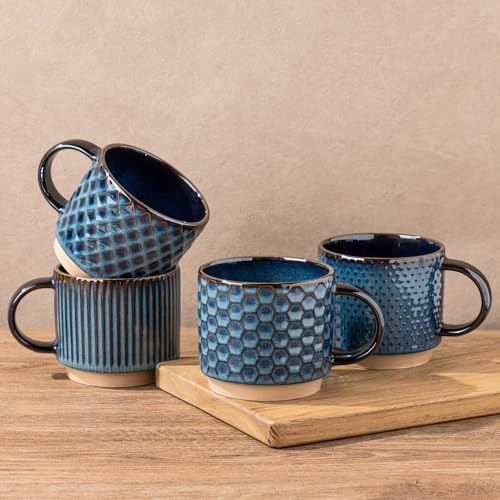 GBhome 12 OZ Stackable Coffee Mugs Set of 4, Ceramic Coffee Cups Set | Coffee Cups for Latte, Tea, Cocoa&Milk, Ideal for Daily Use&Gifts, Microwave&Dishwasher Safe, Deep Sea