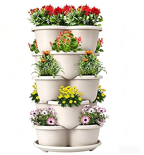 Chdnhe Maceta para Fresas Apilable, Jardinera Vertical de Polipropileno para Interiores y Exteriores, Macetero Torre de 5 Niveles con Bandeja de goteoes para Flores y Hierbas (31.5x15x13cm)