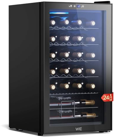 WIE Vinoteca 24 Botellas 70L, Nevera Vinos, con Control Táctil 4-18°C, Iluminación LED, Cava de Vino, ＜43dB, Protección UV, para Vino Tinto/Blanco, Cerveza, Bar Interior