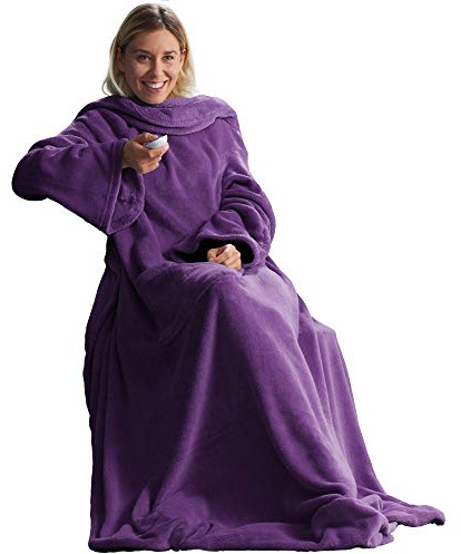 CelinaTex TV-Decke mit Ärmeln und Fußtasche Flauschige Kuscheldecke 150 x 180 cm lila Mikrofaser Fleece Soft Oeko-TEX