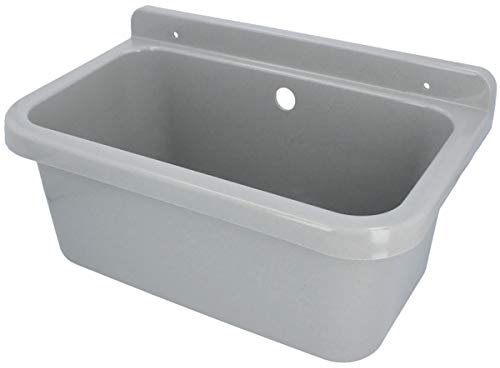HYDROLAND Ausgussbecken Waschbecken mit Überlauf 55 x 34 x 21 Grau | Komplett mit Siphon Kunststoff Ablaufgarnitur Spüle Garten Waschtisch Spülbecken Wandmontage Handwaschbecken Set Gartenwaschbecken