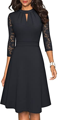 HOMEYEE Robe de Cocktail Plissée à Manches en Dentelle Creuse pour Femme A234 (XL, Noir)