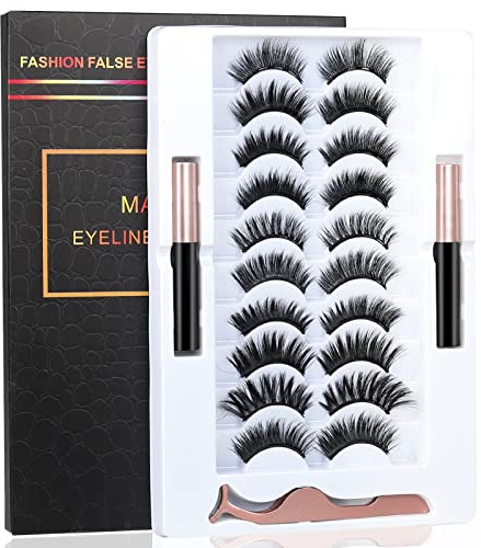 BILEYCHA Upgrade 3D Natural Magnetic Eyelashes,Lightweight Magnetic Eyeliner and Eyelashes Kit, 2 Magnetic Eyeliners- No Glue Needed (10 Pairs)