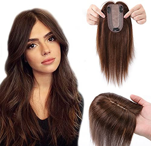 Silk-co Hair Topper Capelli Umani 7x13cm #4 Marrone Cioccolato Extension Capelli Veri Clip Toupet Donna Silk Base 45 cm (53 g)